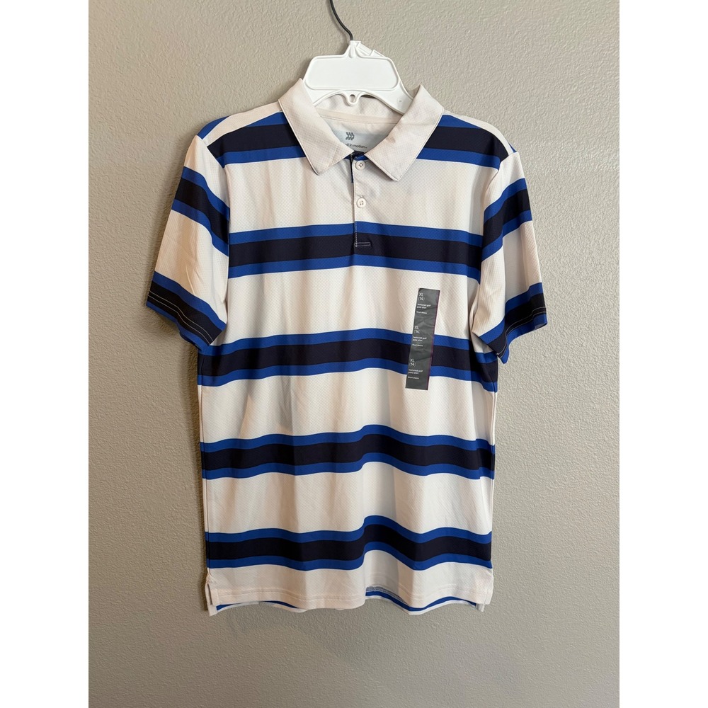 All in Motion Boys Textured Golf Polo Shirt Blue Striped Size XL 14 NWT